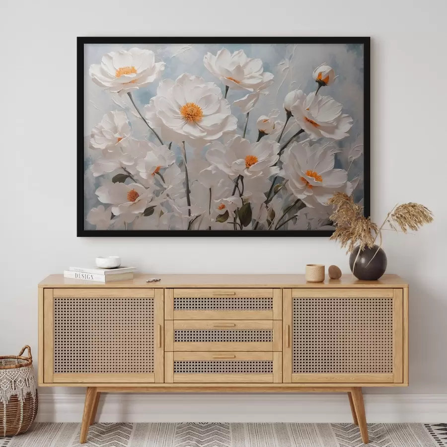 murales de pared Flores blancas sobre fondo azul-blanco al óleo f41041