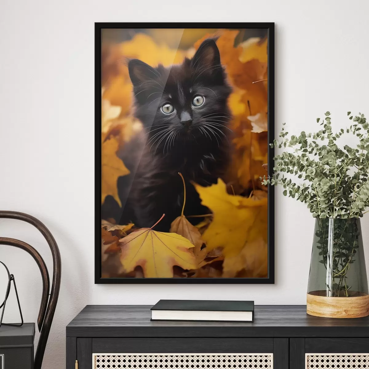 Poster Lindo gato negro en el bosque otoñal f41119
