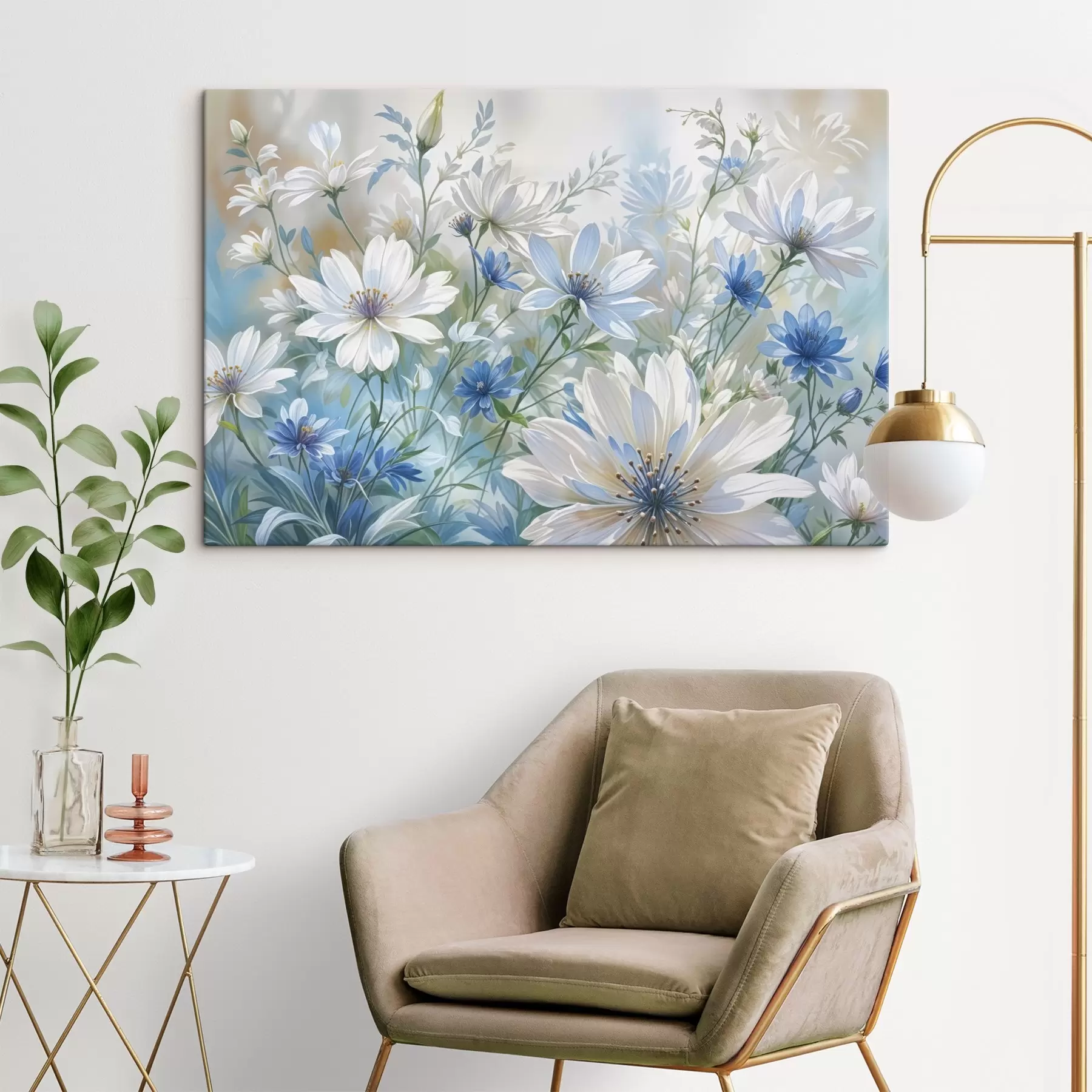 murales de pared Un campo de flores blancas y azules parecidas a margaritas con hojas y tallos verdes sobre un fondo suave y difuminado s41086