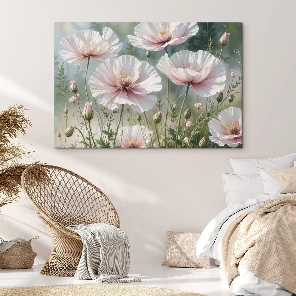 murales de pared Un campo de delicadas flores de amapola rosa pálido con pétalos suaves y tenues sobre un fondo verde difuminado s41094