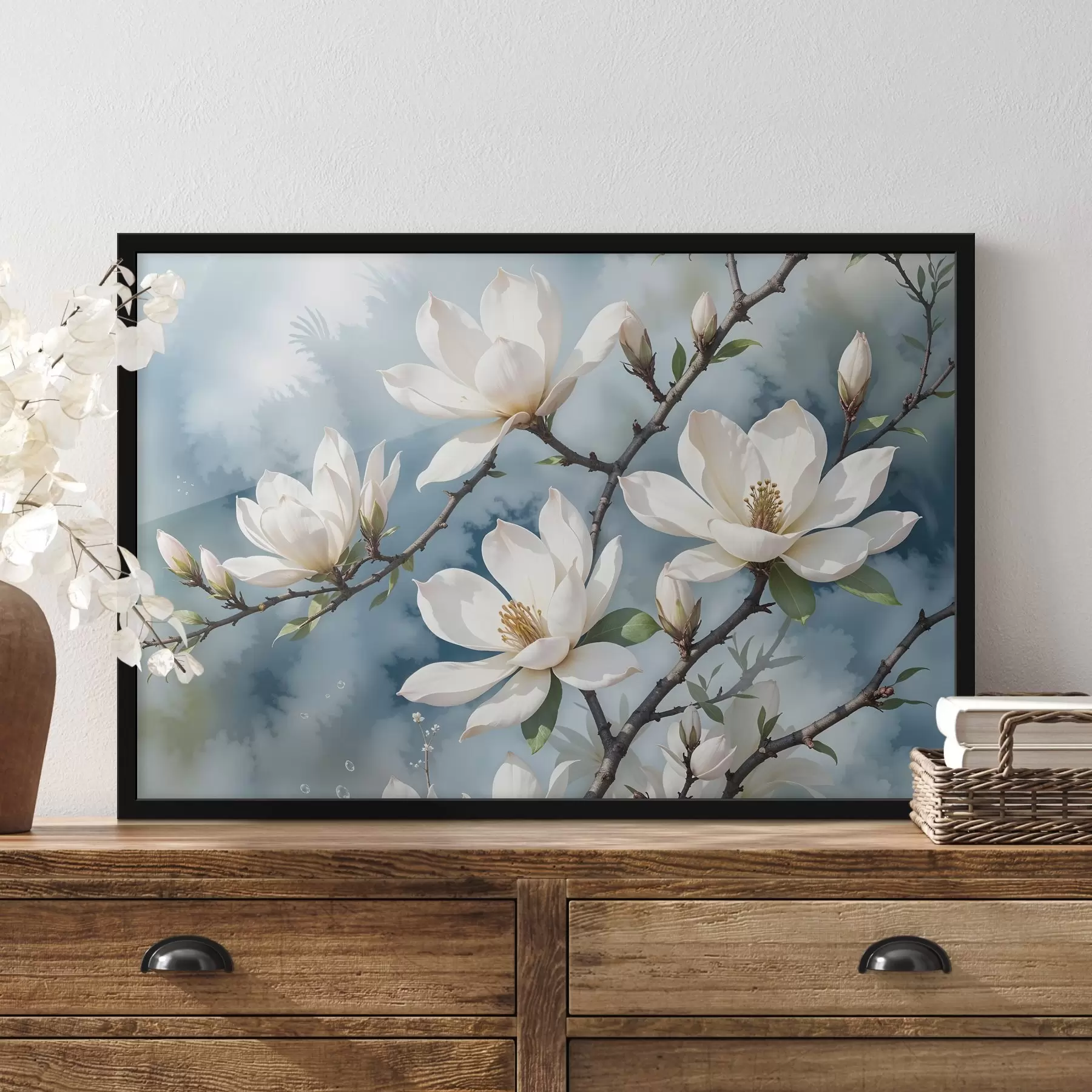 murales de pared Flores blancas de magnolia floreciendo en las ramas de los árboles sobre un fondo de cielo azul suave acuarela f41081