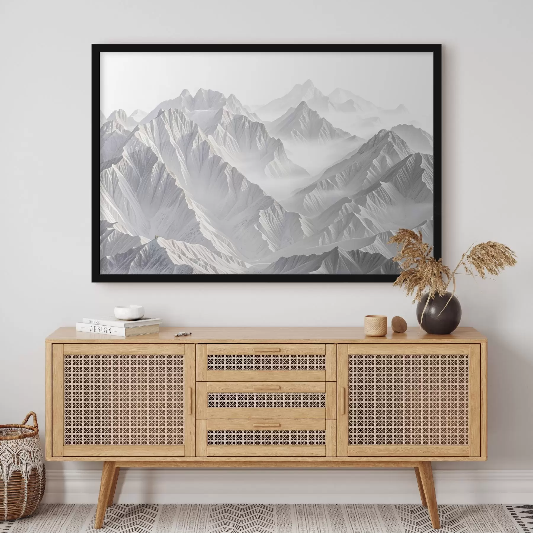 murales de pared Picos montañosos minimalistas nevados en un paisaje brumoso y neblinoso f41083