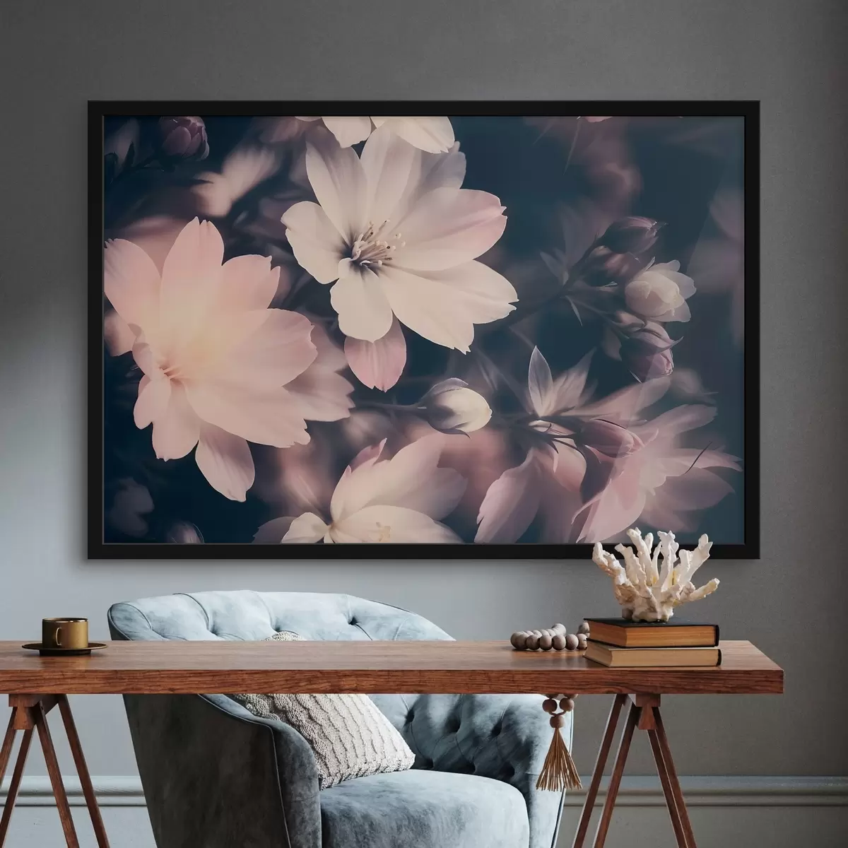 Poster Rosa suave y flores blancas de la luz de la vendimia con el fondo borroso f41084