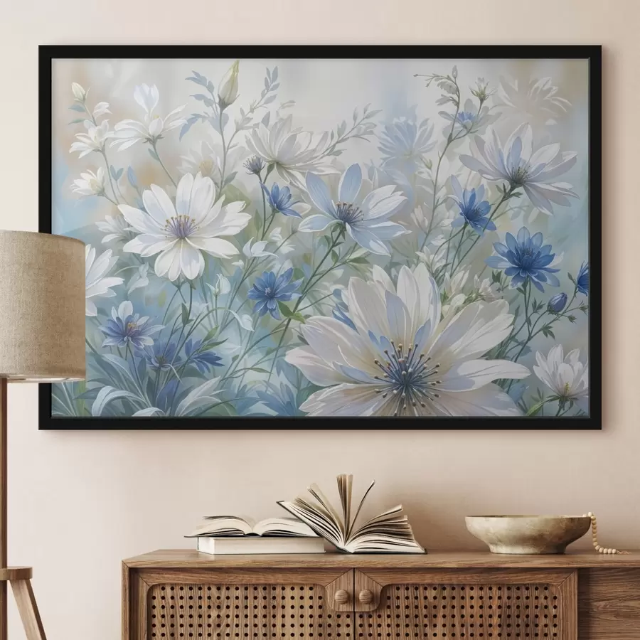 murales de pared Un campo de flores blancas y azules parecidas a margaritas con hojas y tallos verdes sobre un fondo suave y difuminado f41086