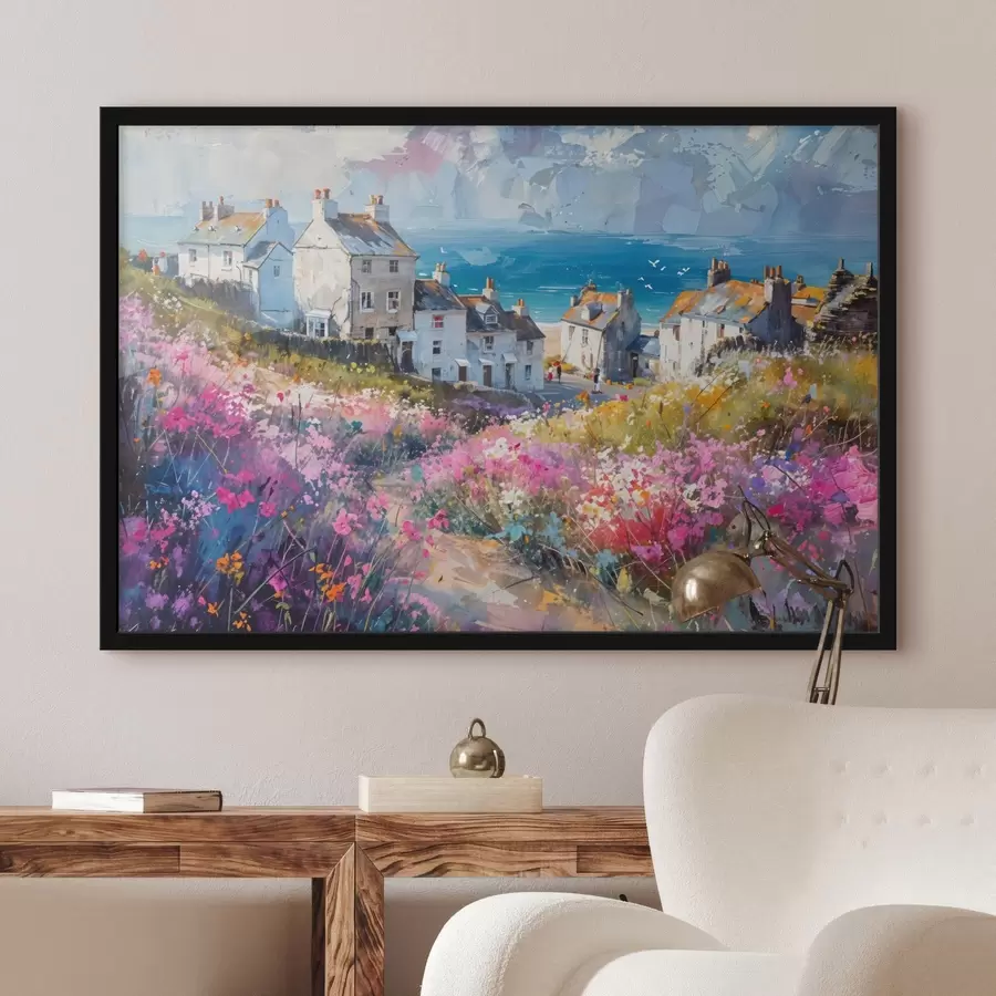 murales de pared Un colorido pueblo costero pintado al óleo con casas blancas y un vibrante jardín de flores en primer plano f41090