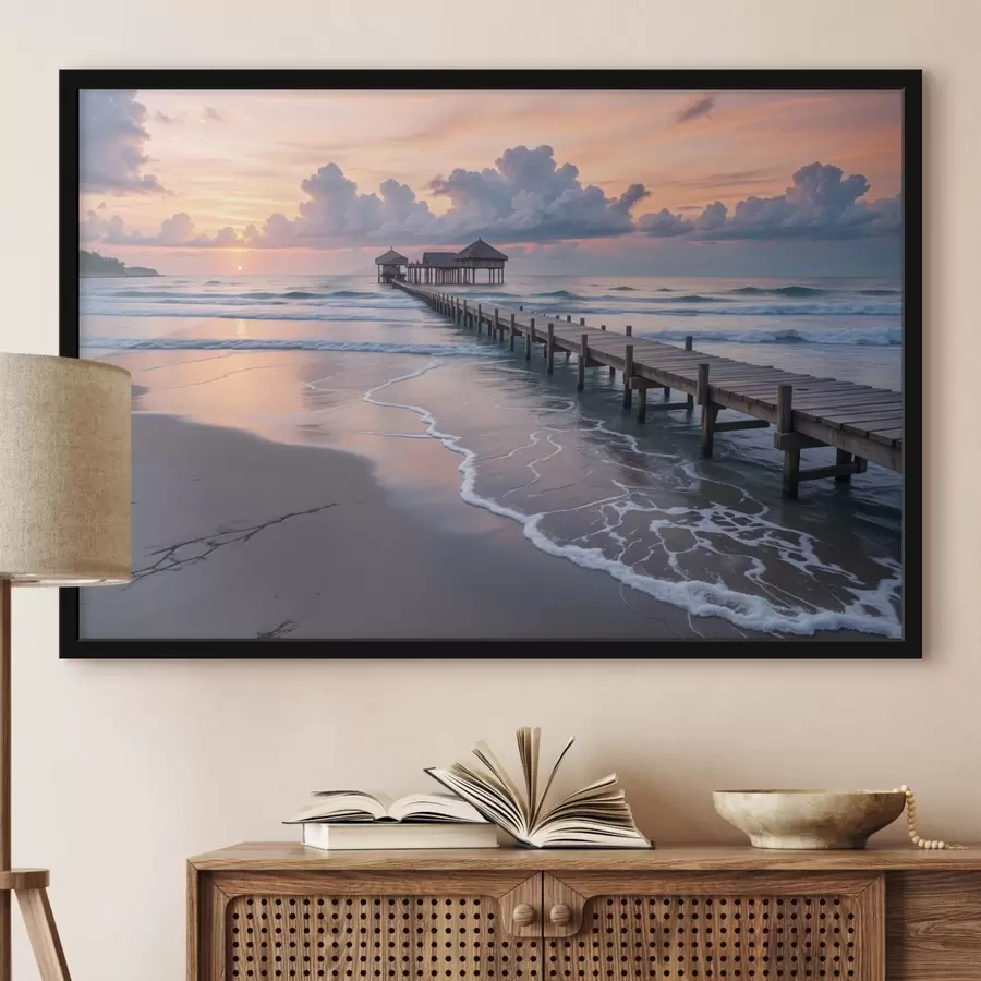 murales de pared Un muelle de madera que se extiende en un océano tranquilo al atardecer con nubes de colores f41091