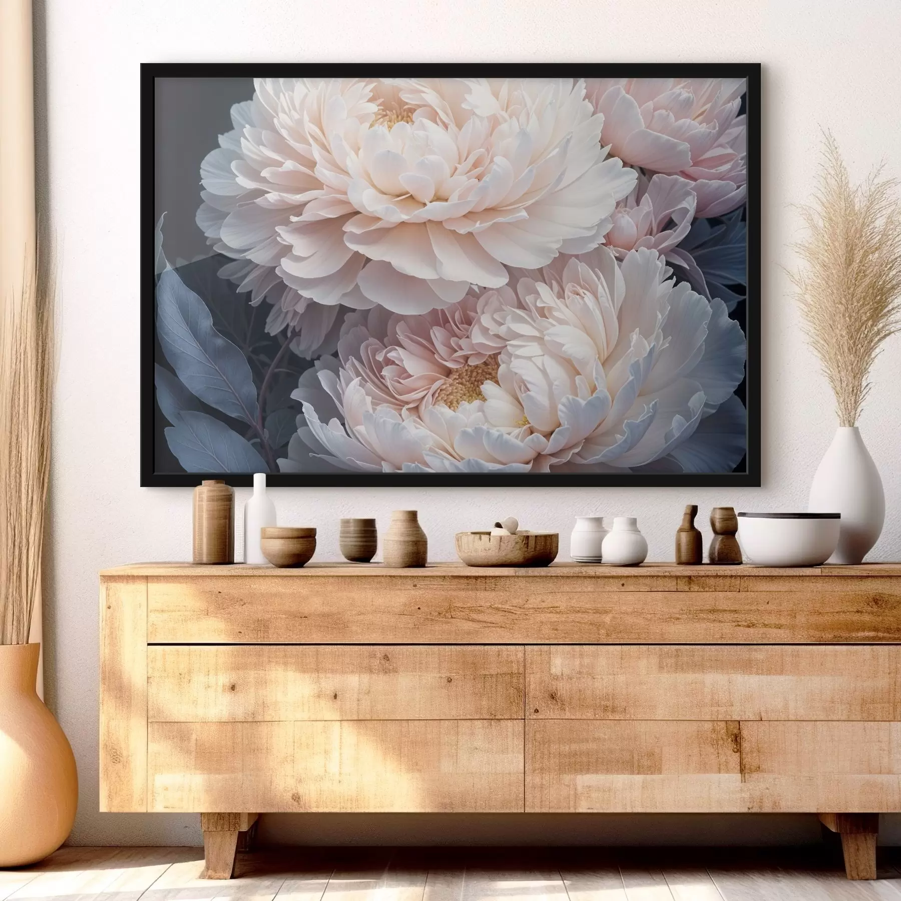 murales de pared Delicadas peonías rosa pastel con suaves y esponjosos pétalos y hojas azules sobre un fondo oscuro f41092