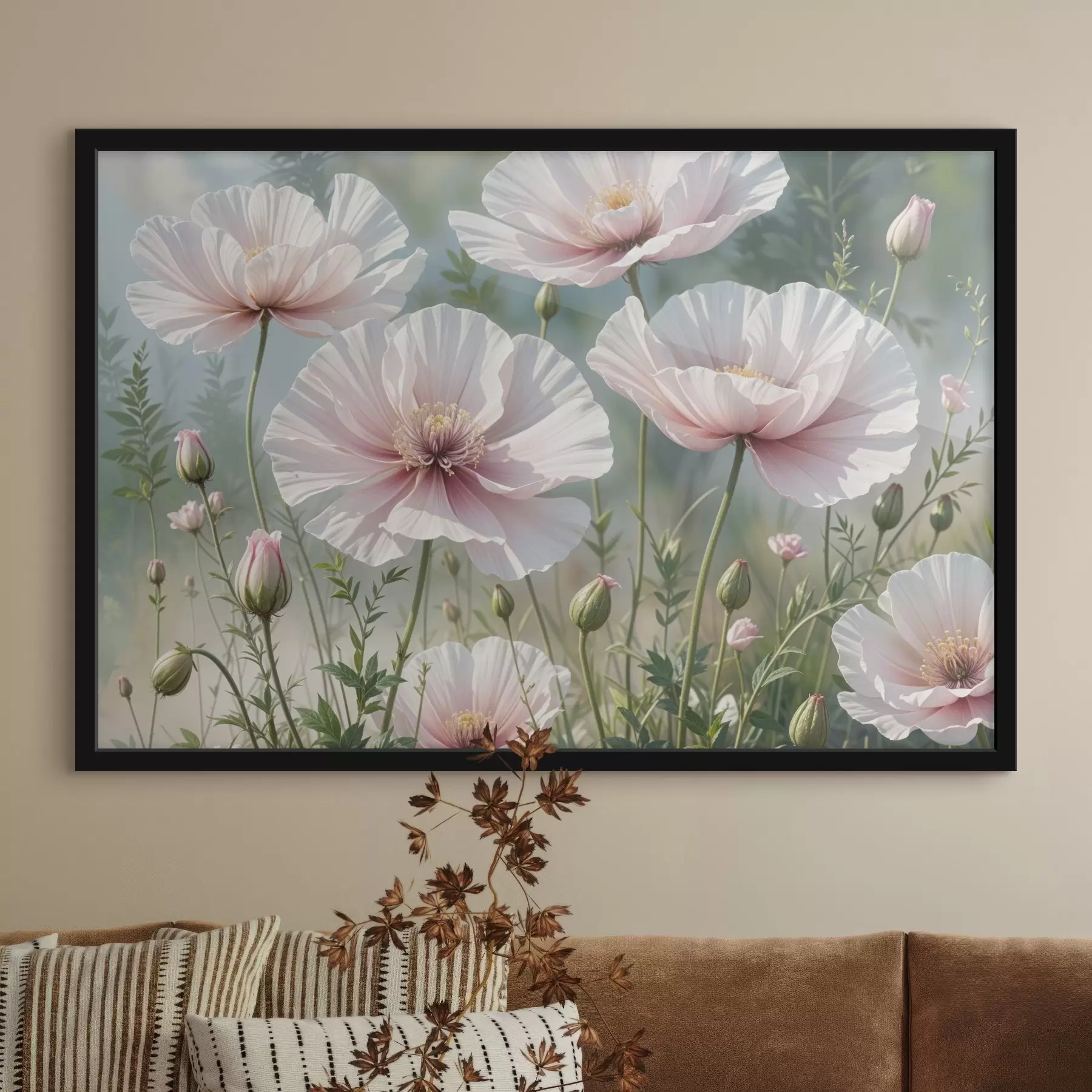 murales de pared Un campo de delicadas flores de amapola rosa pálido con pétalos suaves y tenues sobre un fondo verde difuminado f41094