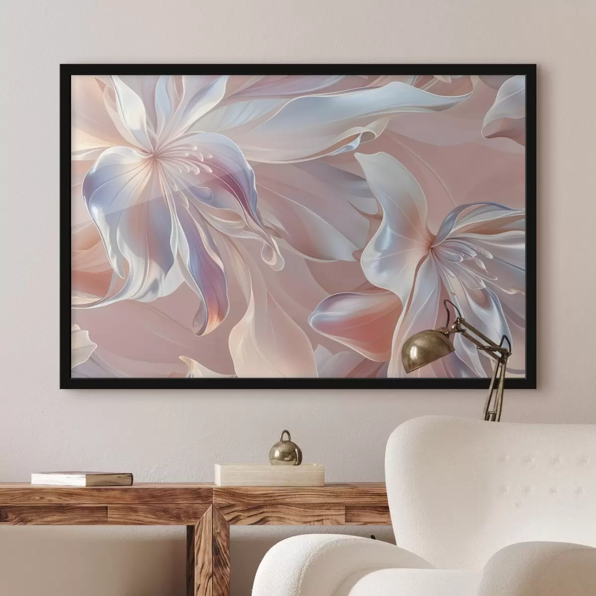 Poster Delicados pétalos de flores de colores pastel con formas y texturas fluidas, que crean una composición floral abstracta f41098