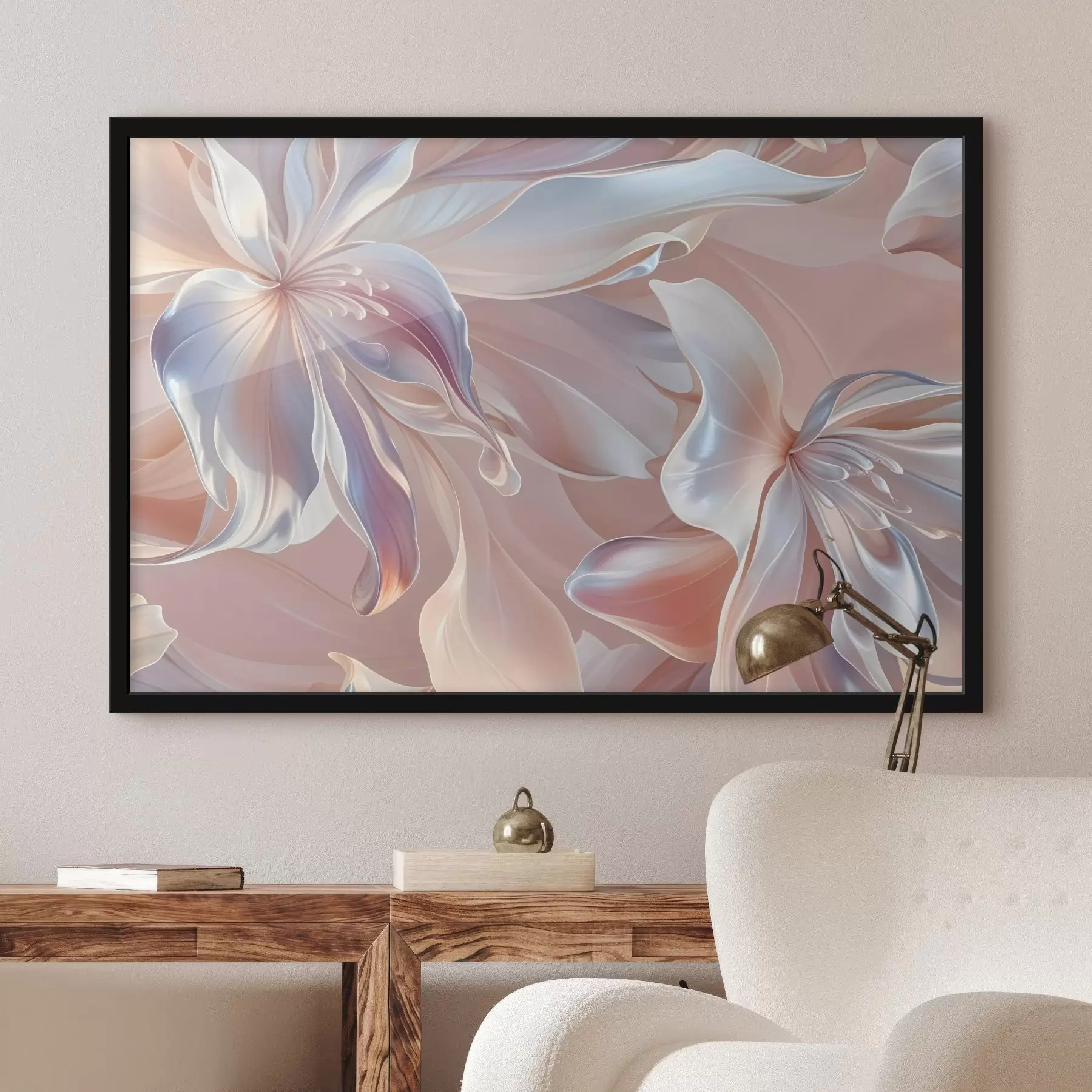 murales de pared Delicados pétalos de flores de colores pastel con formas y texturas fluidas, que crean una composición floral abstracta f41098