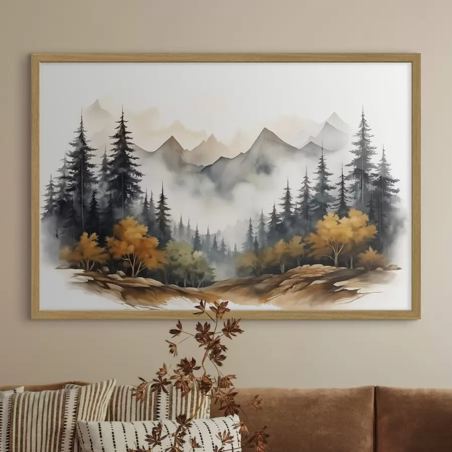 murales de pared Bosque sobre fondo de montañas acuarela f41240