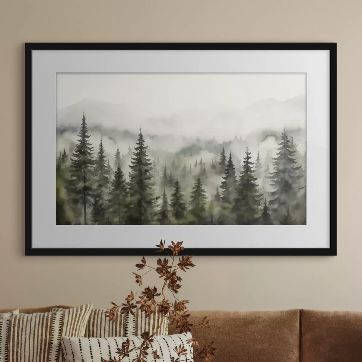 Poster Bosque verde sobre el fondo de montañas montañas y niebla acuarela f41241