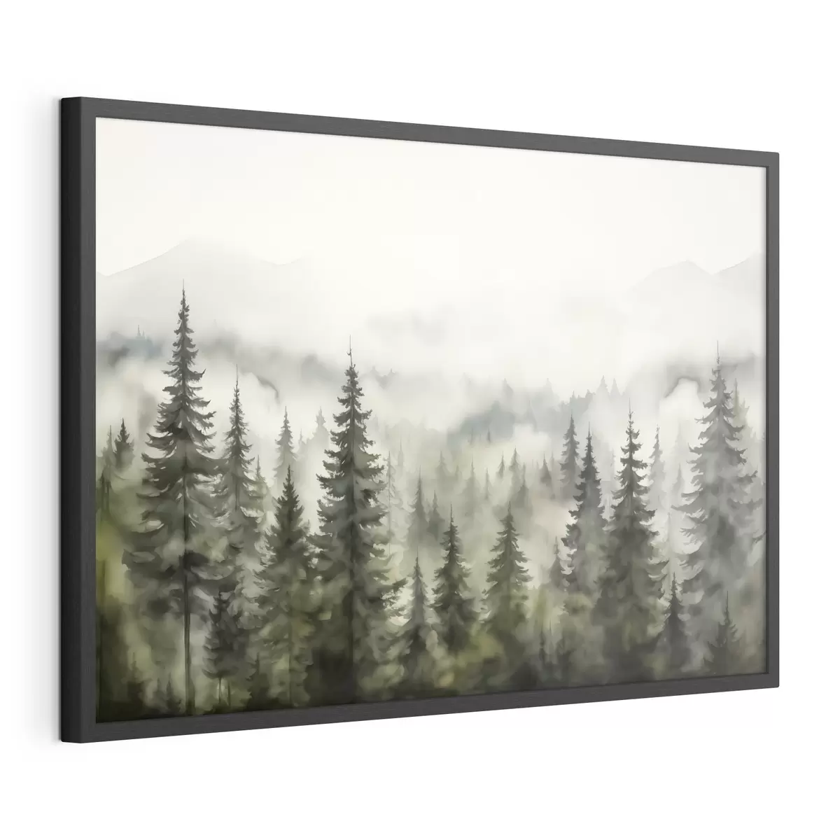 Poster Bosque verde sobre el fondo de montañas montañas y niebla acuarela f41241