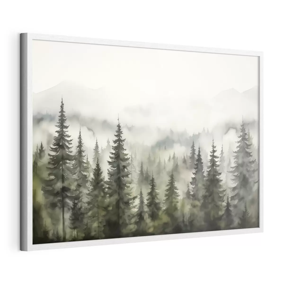 Poster Bosque verde sobre el fondo de montañas montañas y niebla acuarela f41241