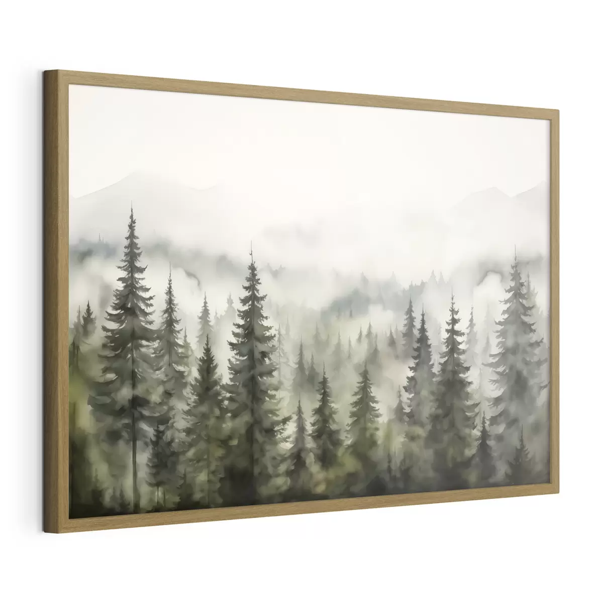Poster Bosque verde sobre el fondo de montañas montañas y niebla acuarela f41241