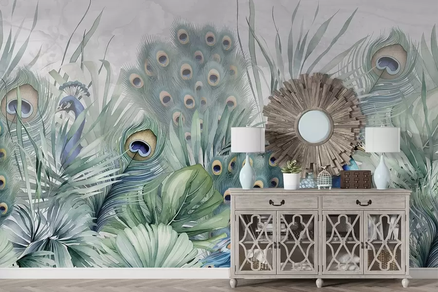 murales de pared Un par de coloridos pavos reales rodeados de exuberante follaje verde acuarela y vibrantes flores sobre fondo gris w08345