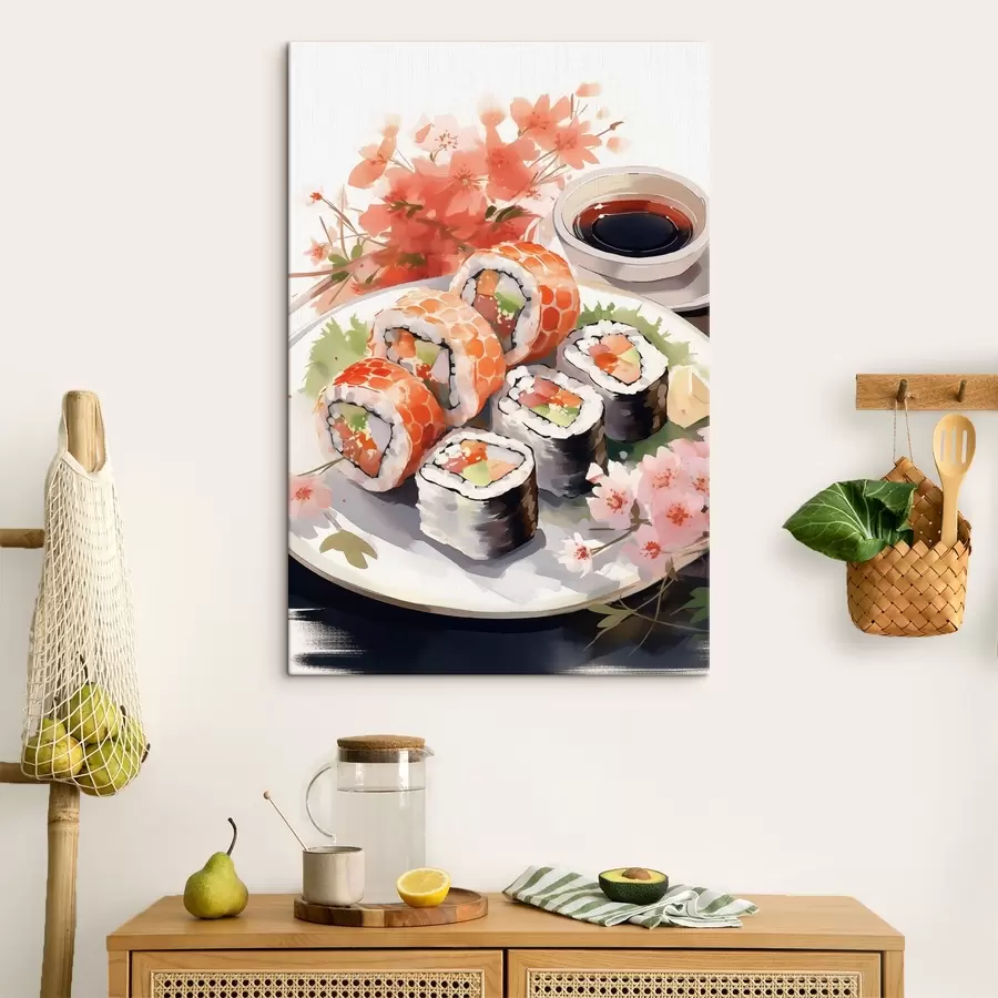 murales de pared Sushi en el plato, acuarela, floral, japonés s41179