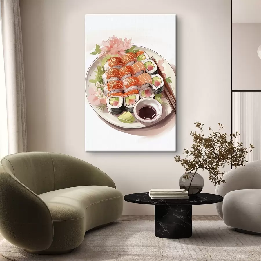 murales de pared Acuarela plato de sushi, salmón, delicioso s41180