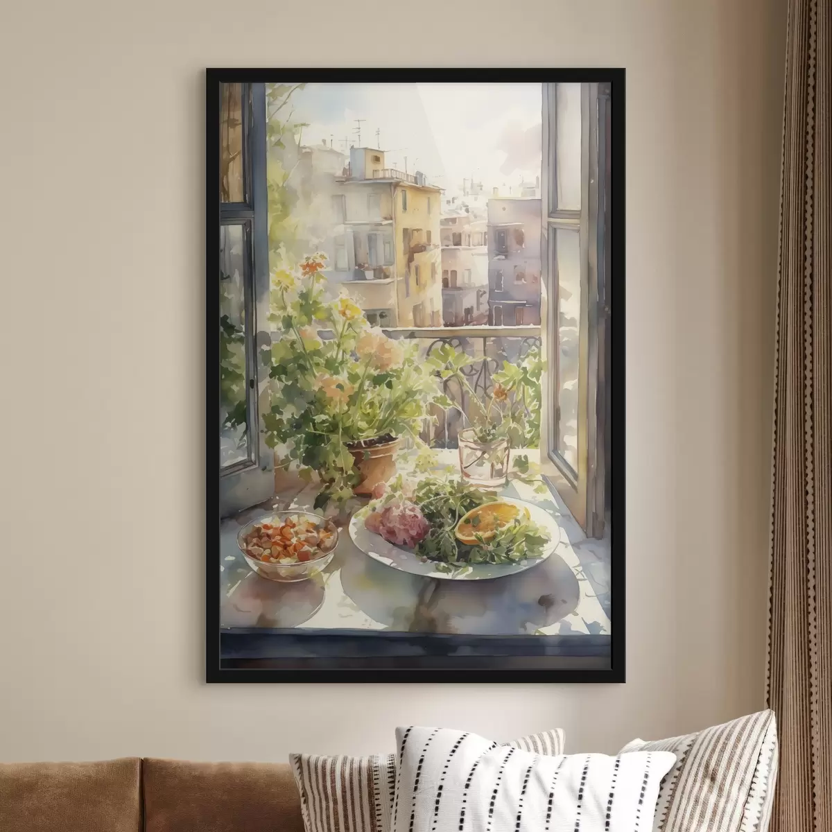 Poster Cena de acuarela, vista de la ciudad, flores, naturaleza, ensalada verde f41166