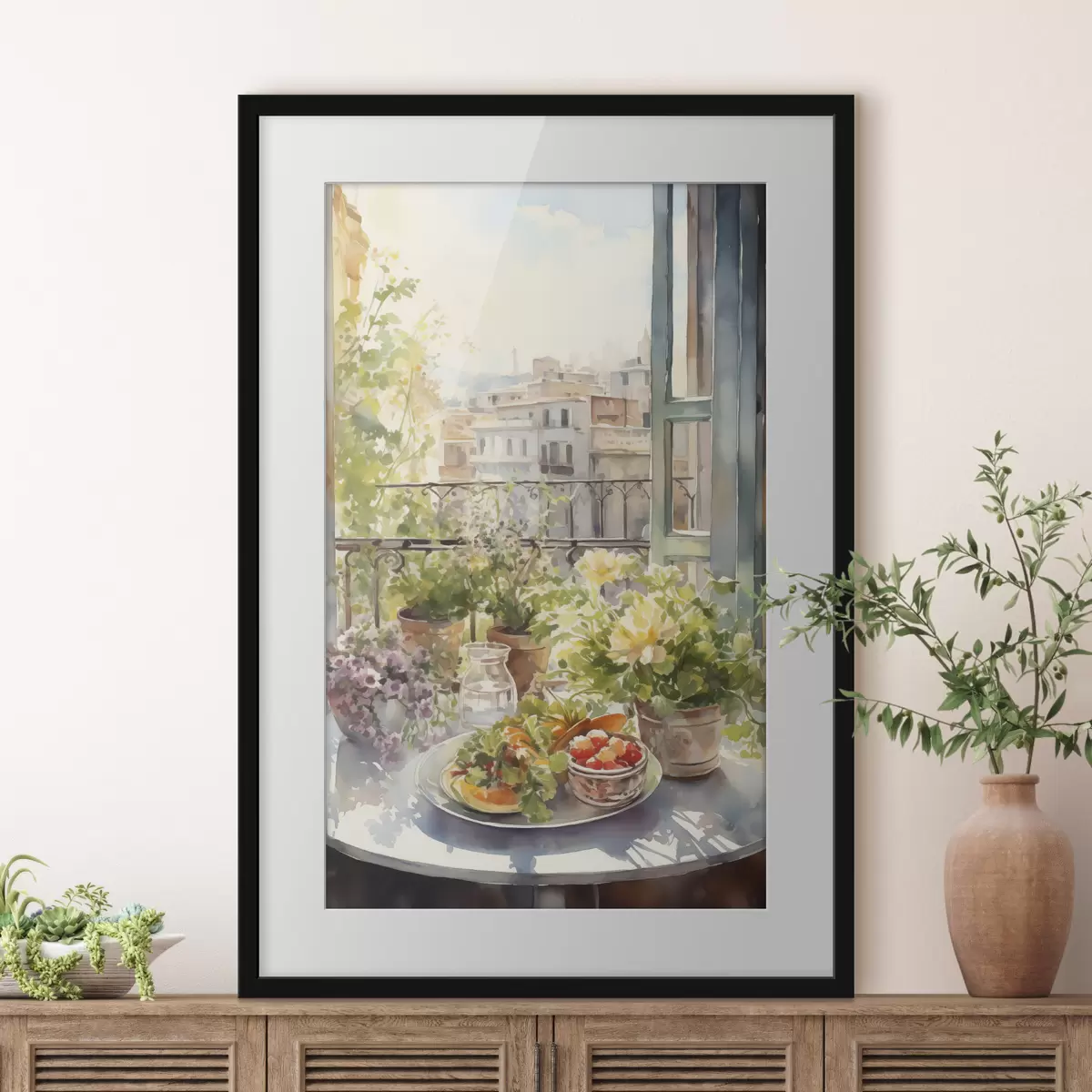 Poster Cena romántica con vistas a la ciudad, acuarela, floral f41168