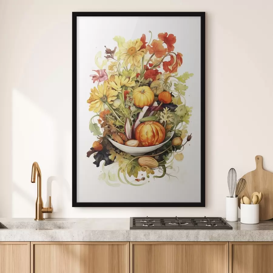 murales de pared Cosecha de otoño, acuarela verduras, calabazas, flores f41172