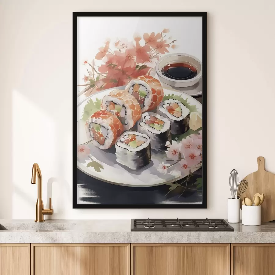 murales de pared Sushi en el plato, acuarela, floral, japonés f41179