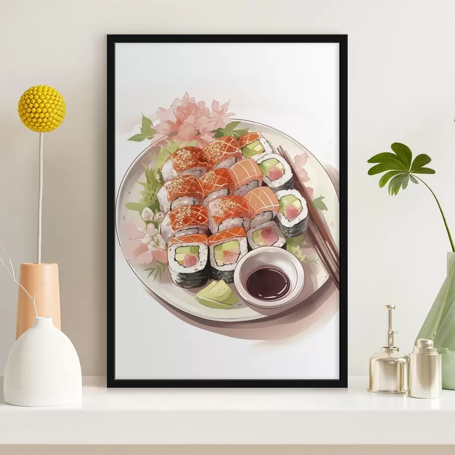murales de pared Acuarela plato de sushi, salmón, delicioso f41180