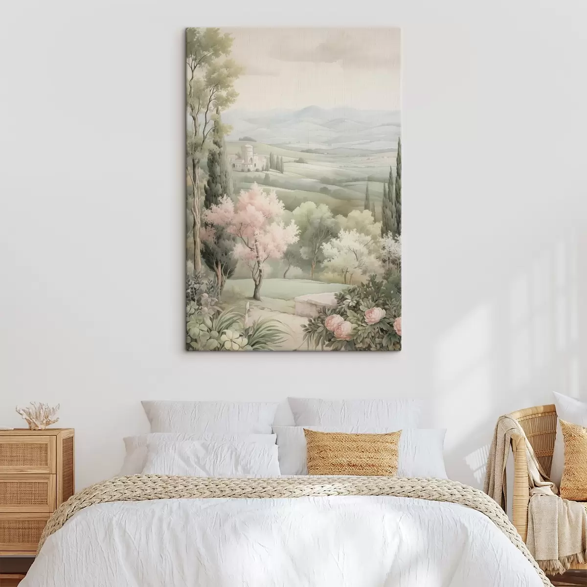 murales de pared Acuarela naturaleza, colores suaves, rosas, árboles, colinas verdes s41223