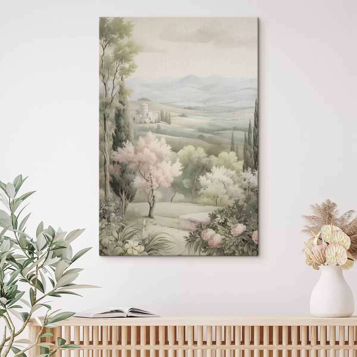 murales de pared Acuarela naturaleza, colores suaves, rosas, árboles, colinas verdes s41223