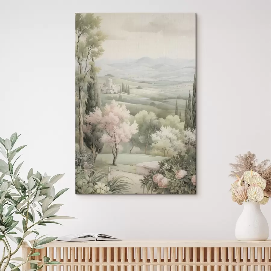 murales de pared Acuarela naturaleza, colores suaves, rosas, árboles, colinas verdes s41223