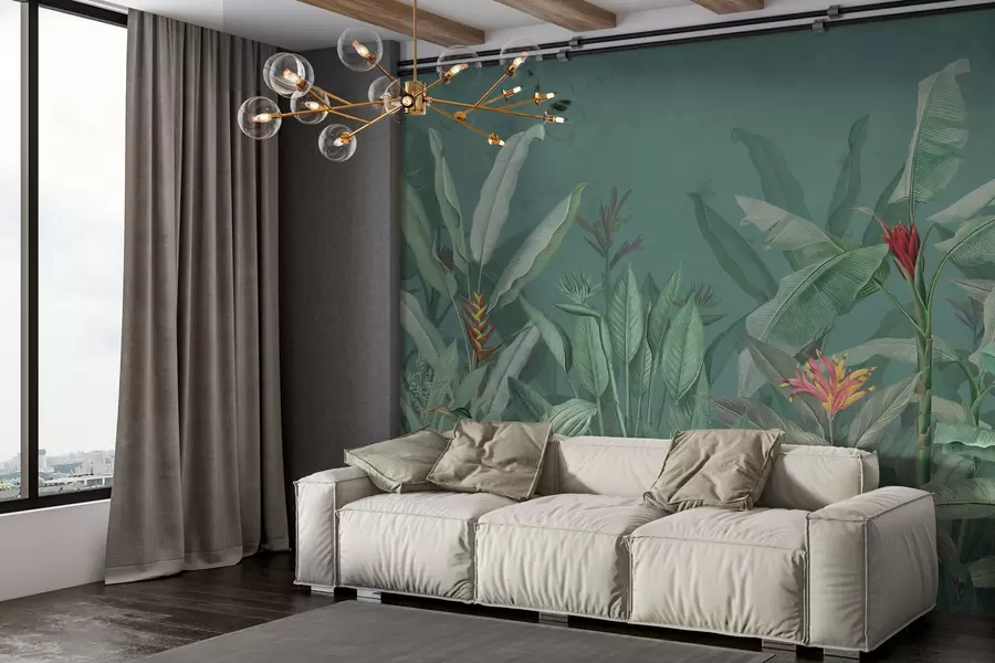 murales de pared Hojas y flores tropicales sobre fondo verde w01834v2