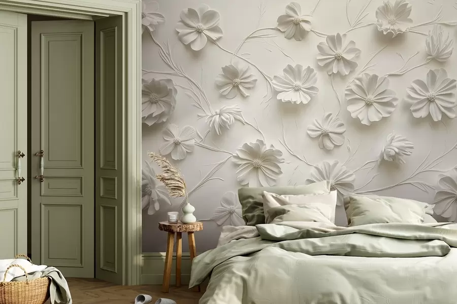 murales de pared Composición de flores blancas en relieve de estilo minimalista y sofisticado w01828