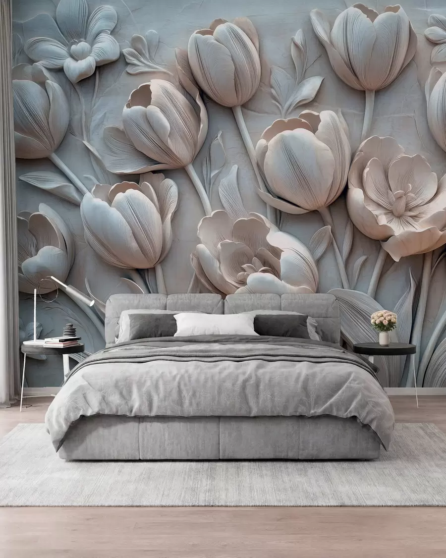 murales de pared arte floral en 3D con elegantes tulipanes en color gris w01851v1