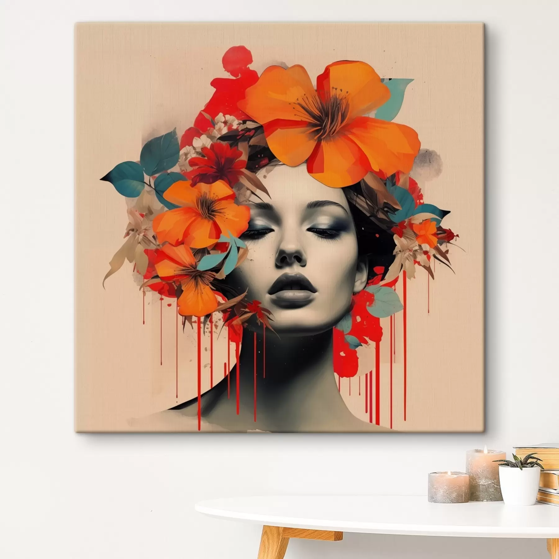 murales de pared Retrato de niña en estilo collage con flores s41271