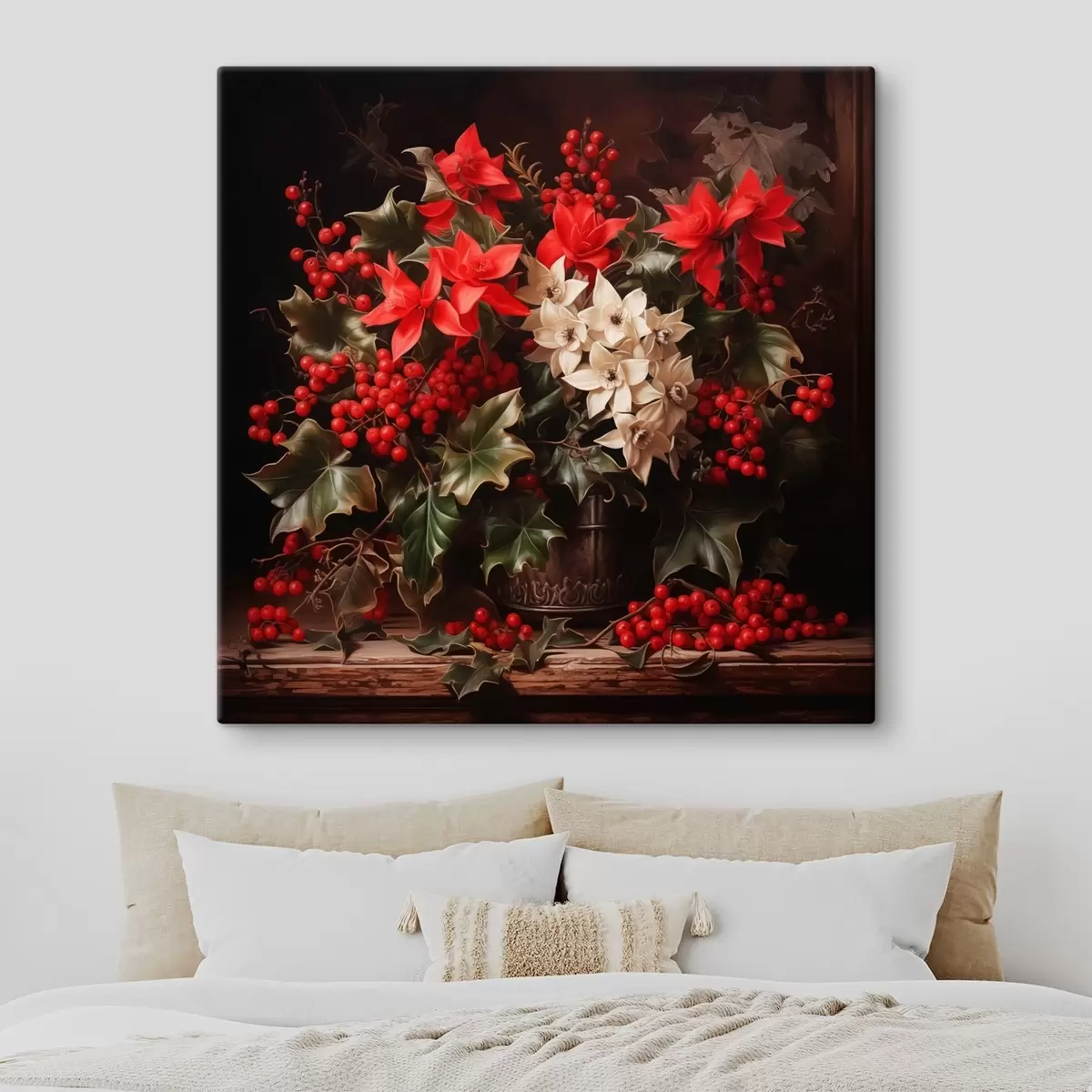 murales de pared Ramo con acebo y flor de navidad sobre fondo oscuro s41272