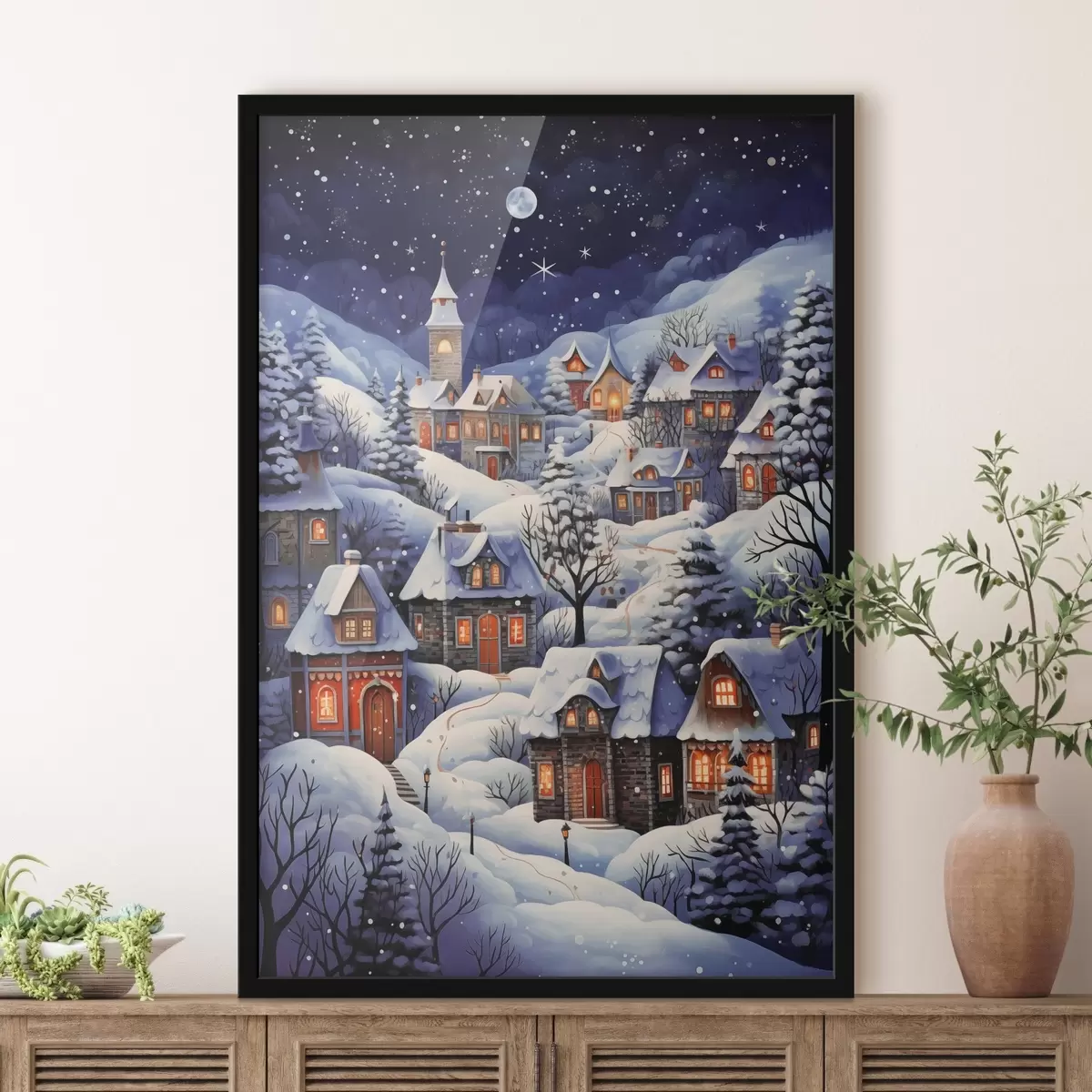 Poster Paisaje invernal con casas rurales cubiertas de nieve sobre el fondo del cielo estrellado nocturno f41275