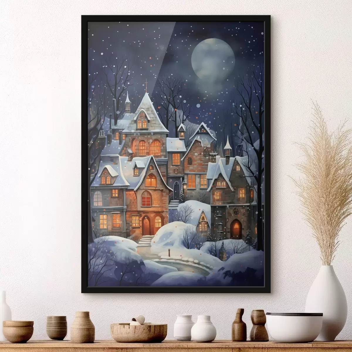 Poster Casas en la nieve con el cielo estrellado de fondo f41276