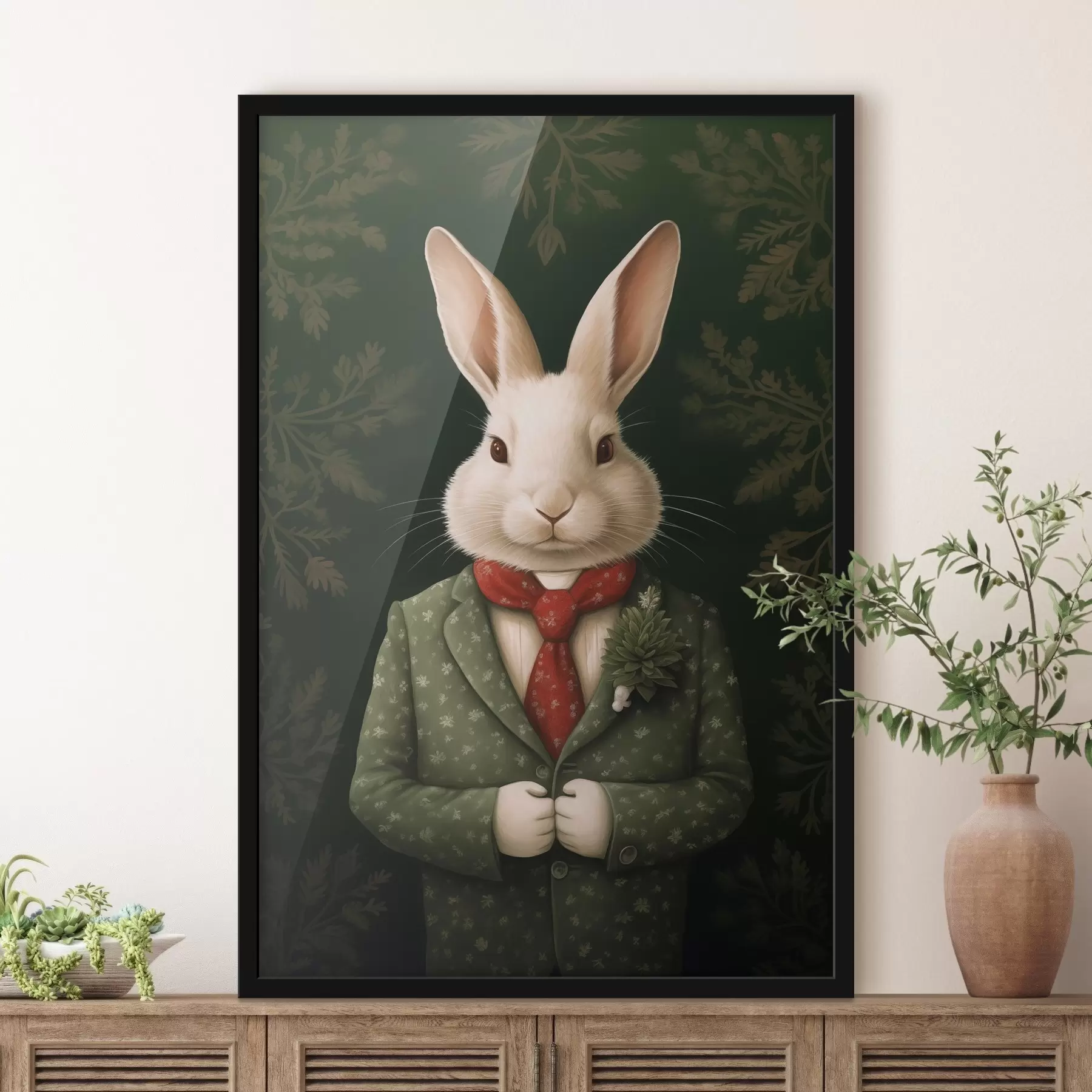 murales de pared Liebre blanca con traje verde y corbata roja ilustración f41278