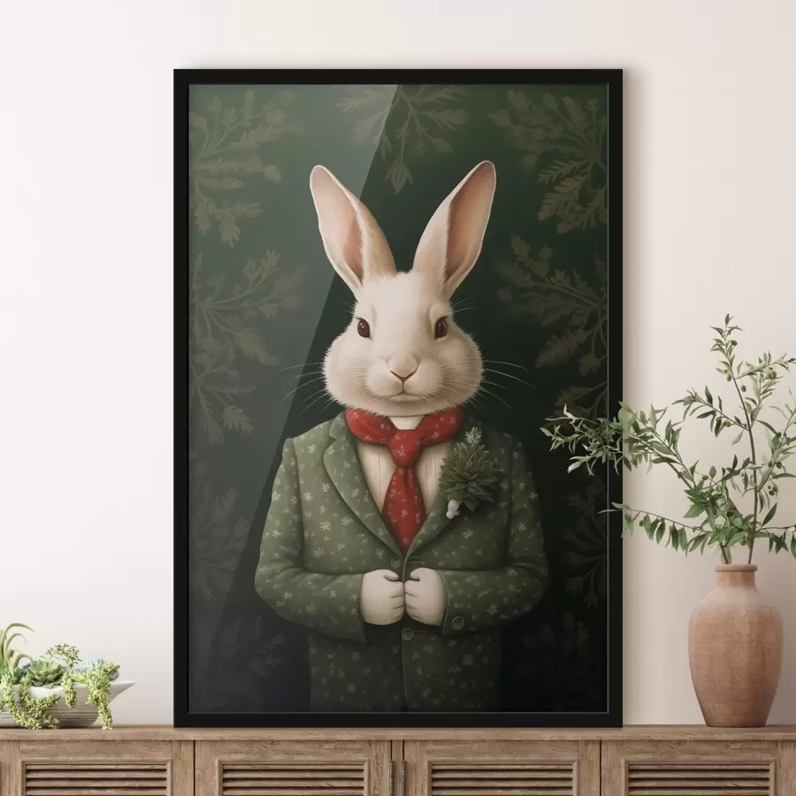 murales de pared Liebre blanca con traje verde y corbata roja ilustración f41278