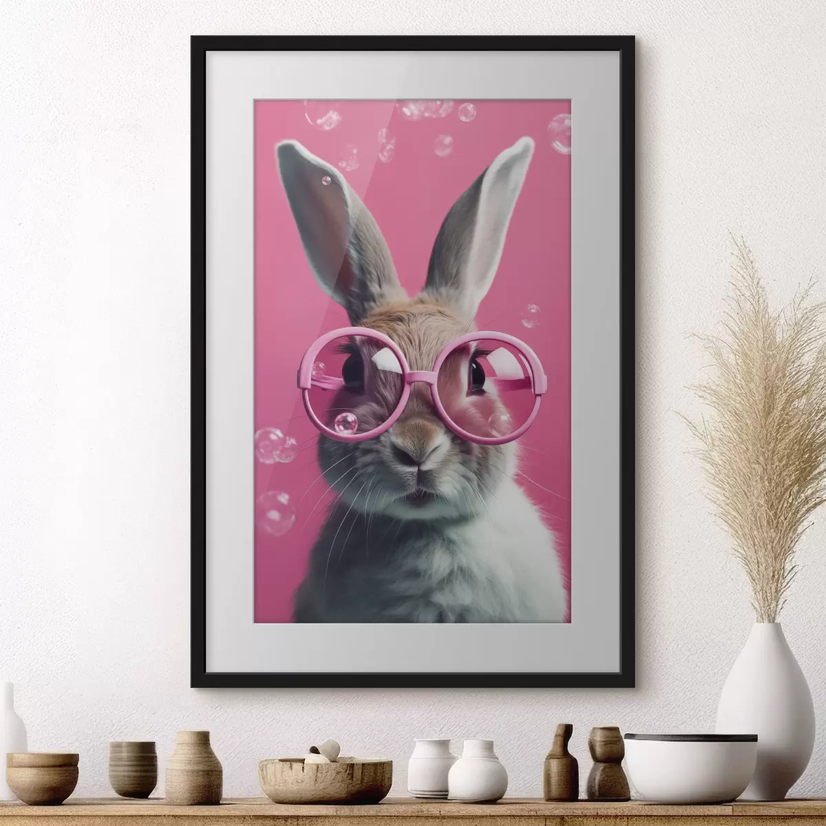 Poster Conejo con gafas rosas sobre fondo rosa f41280