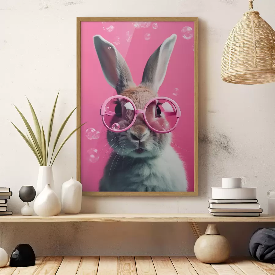 murales de pared Conejo con gafas rosas sobre fondo rosa f41280