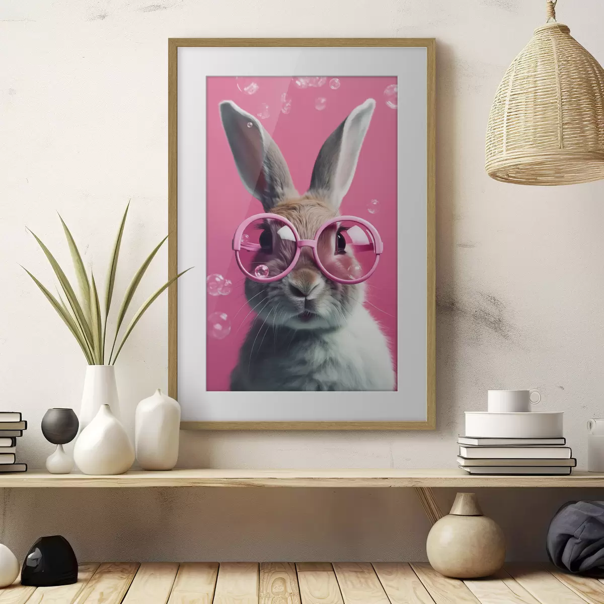 Poster Conejo con gafas rosas sobre fondo rosa f41280