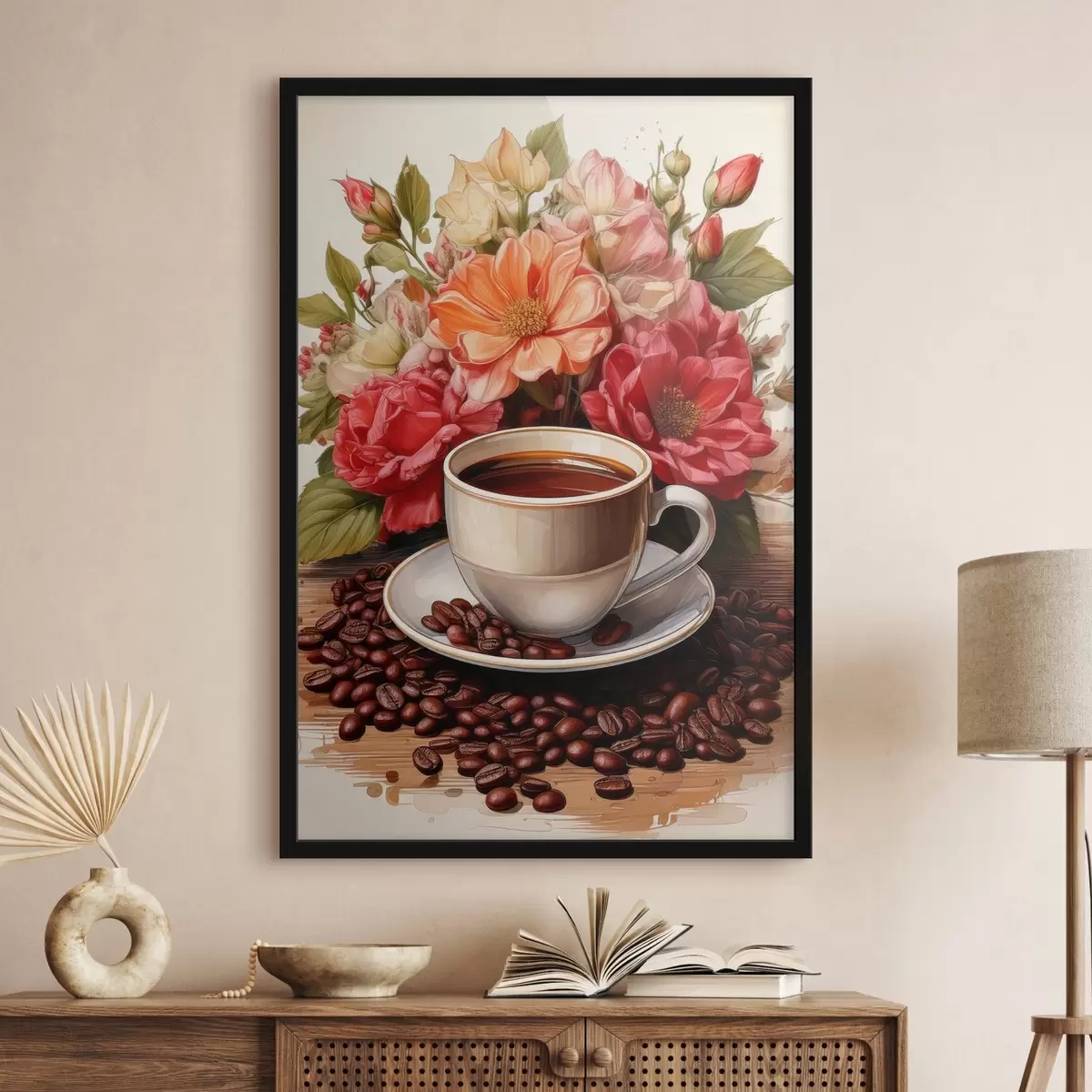 Poster una taza de café y un ramo de flores f41411