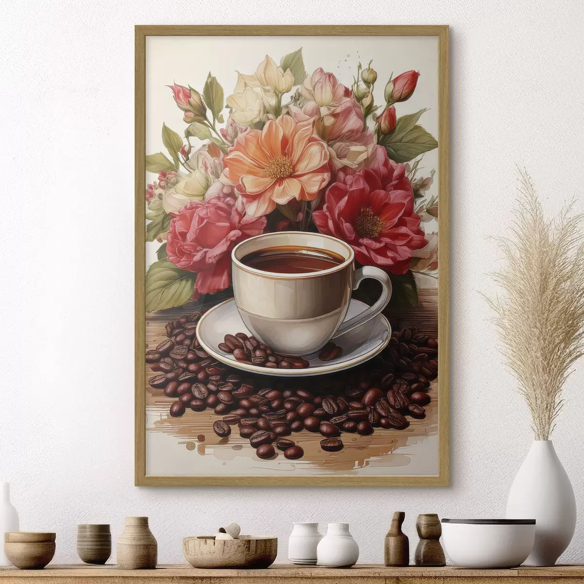 Poster una taza de café y un ramo de flores f41411