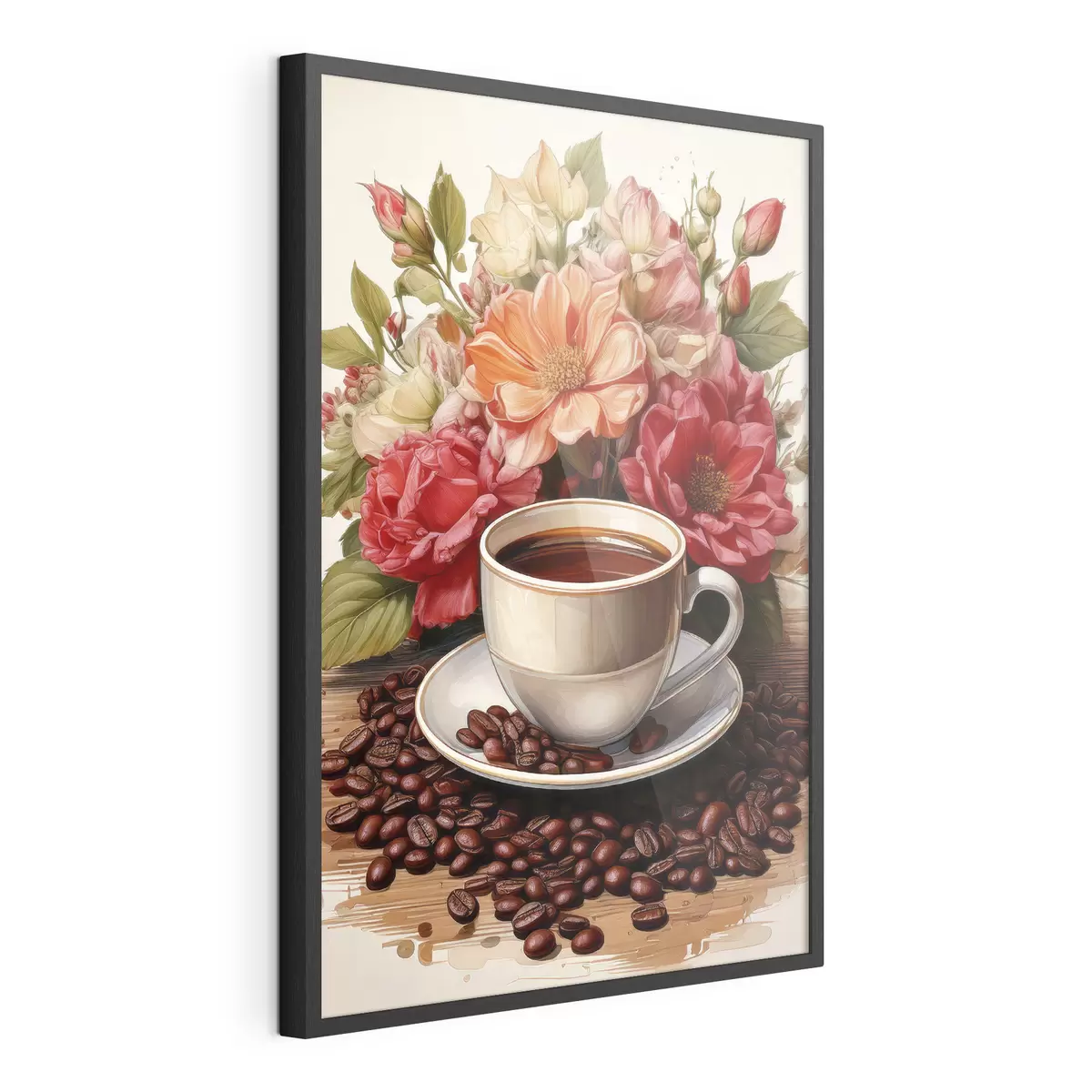 Poster una taza de café y un ramo de flores f41411