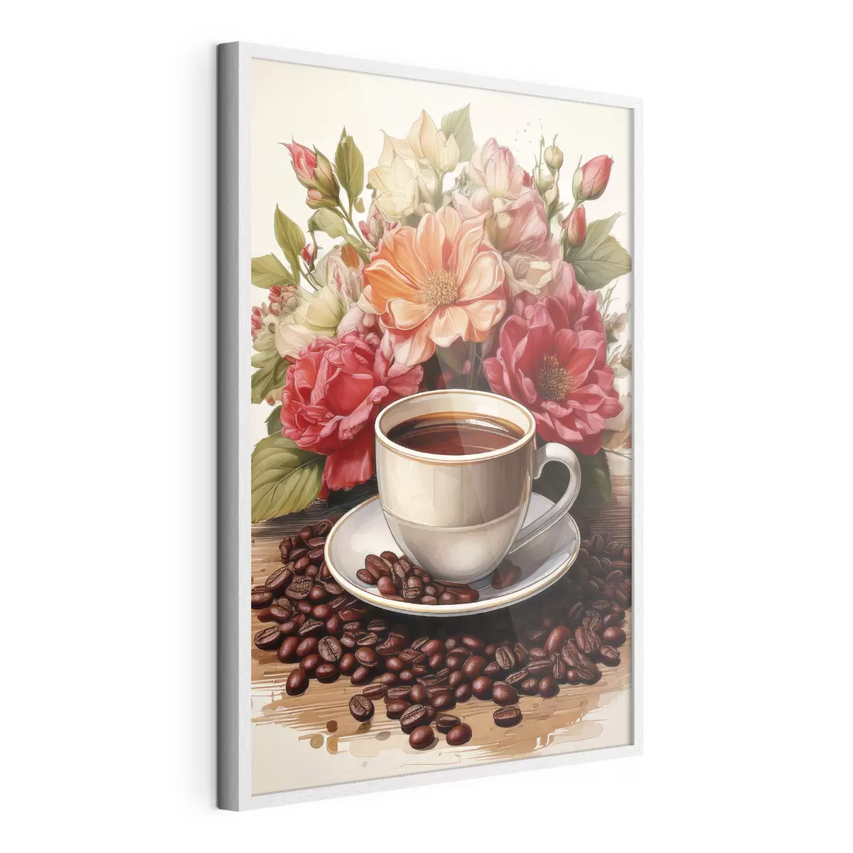 Poster una taza de café y un ramo de flores f41411