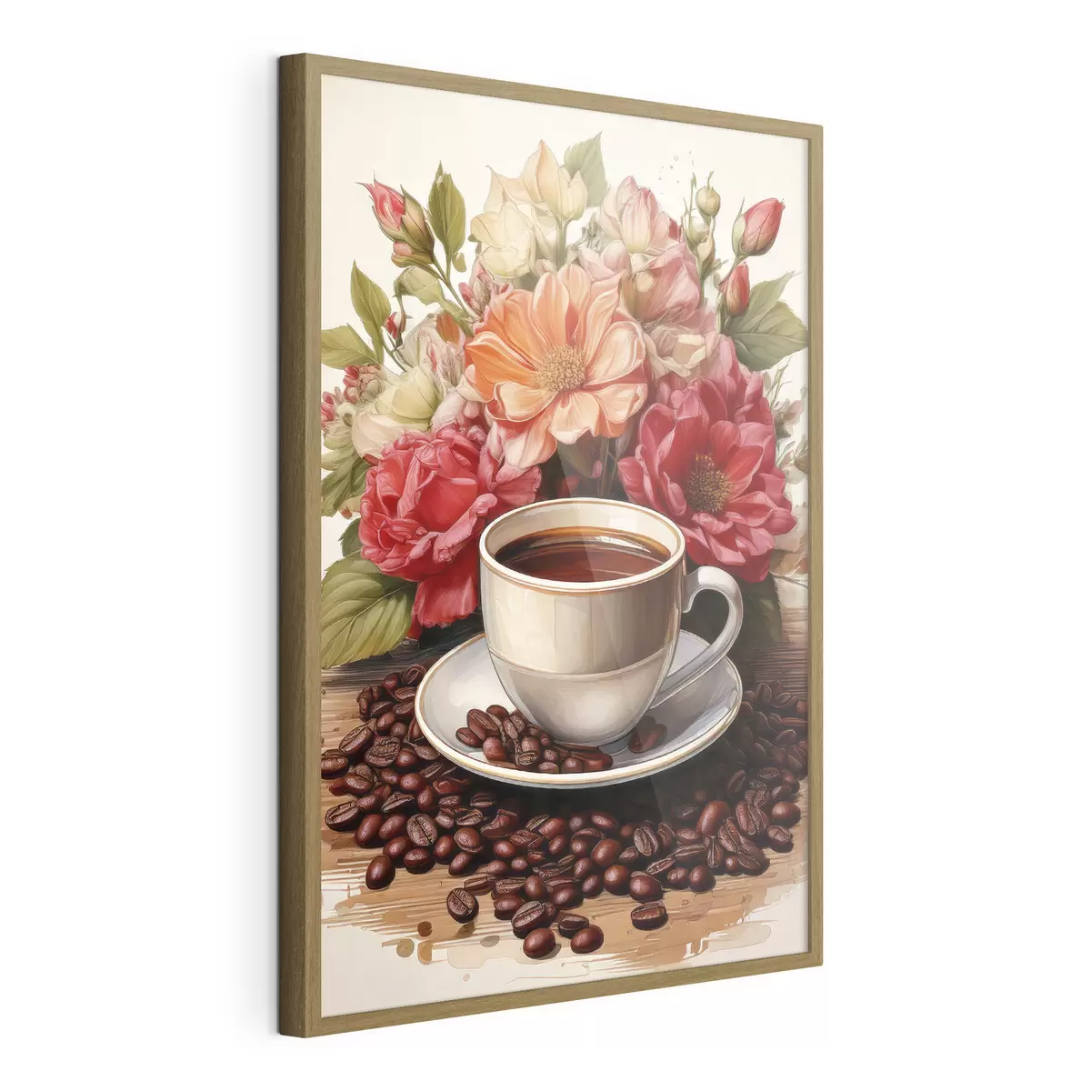 Poster una taza de café y un ramo de flores f41411