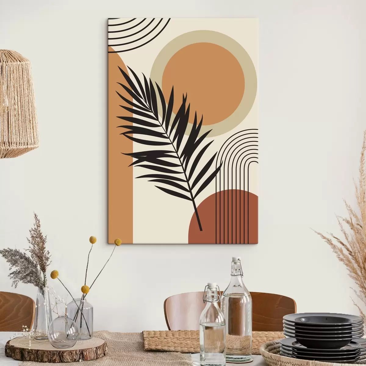 murales de pared Hoja de palmera sobre fondo geométrico s36170