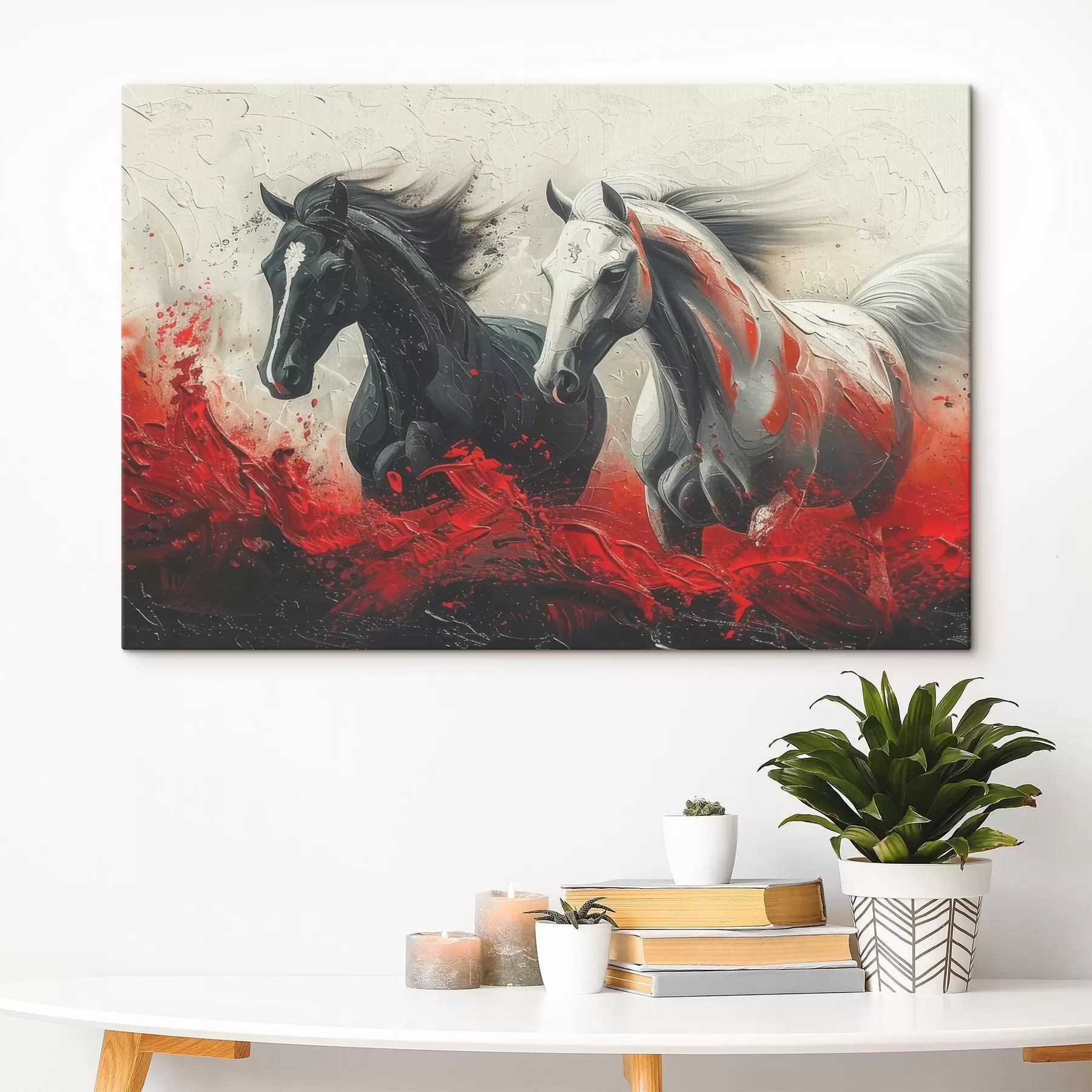 murales de pared Un cuadro de caballos corriendo con pintura roja s37769