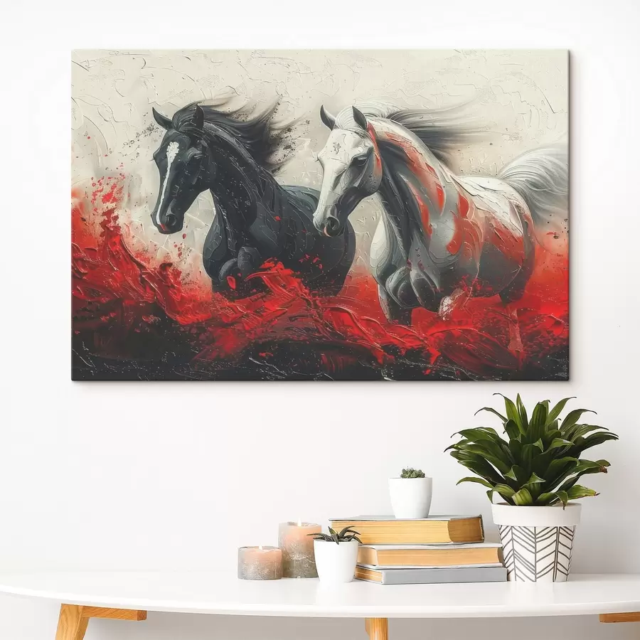 murales de pared Un cuadro de caballos corriendo con pintura roja s37769